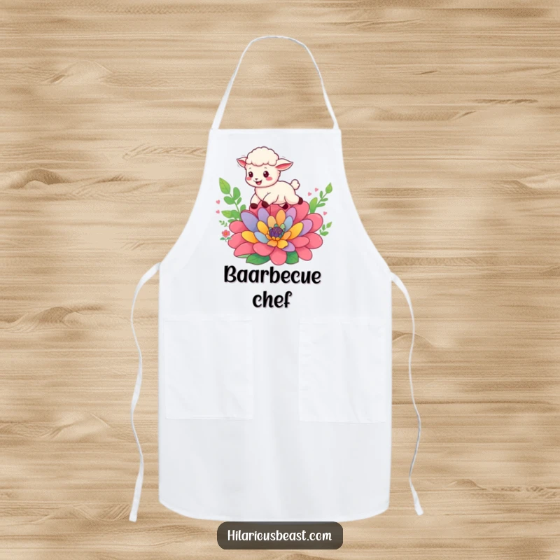 Funny cheerful sheep cub leaping over a colorful flower, kitchen apron, symbolizing joyful energy and a touch of fun in the kitchen.