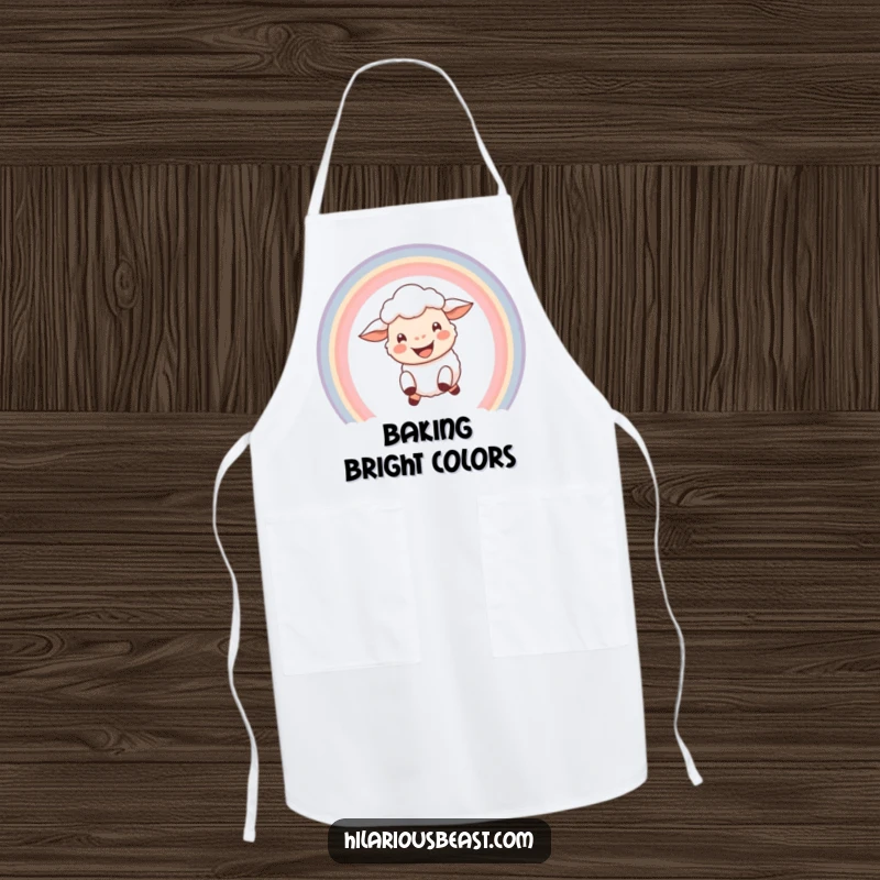 Funny kitchen apron featuring a happy sheep with a wide grin leaping through a colorful rainbow arc, adding joy to cooking.