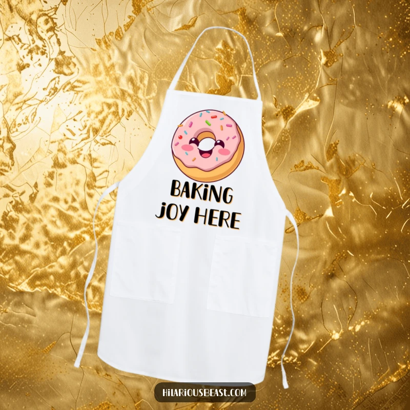 Funny apron showcasing a cheerful, round donut with sprinkles bouncing happily, perfect for adding joy to baking.