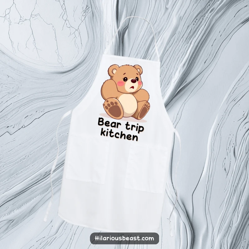 Funny small bear cub tripping over its paws, looking bewildered, kitchen apron, symbolizing fun and a touch of adorable clumsiness in the kitchen.