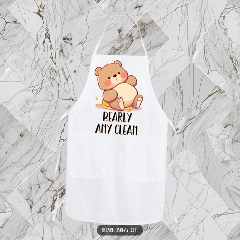 Funny bear apron, a chubby bear tripping playfully with pancakes askew, ready for kitchen chaos and delicious breakfast creations.