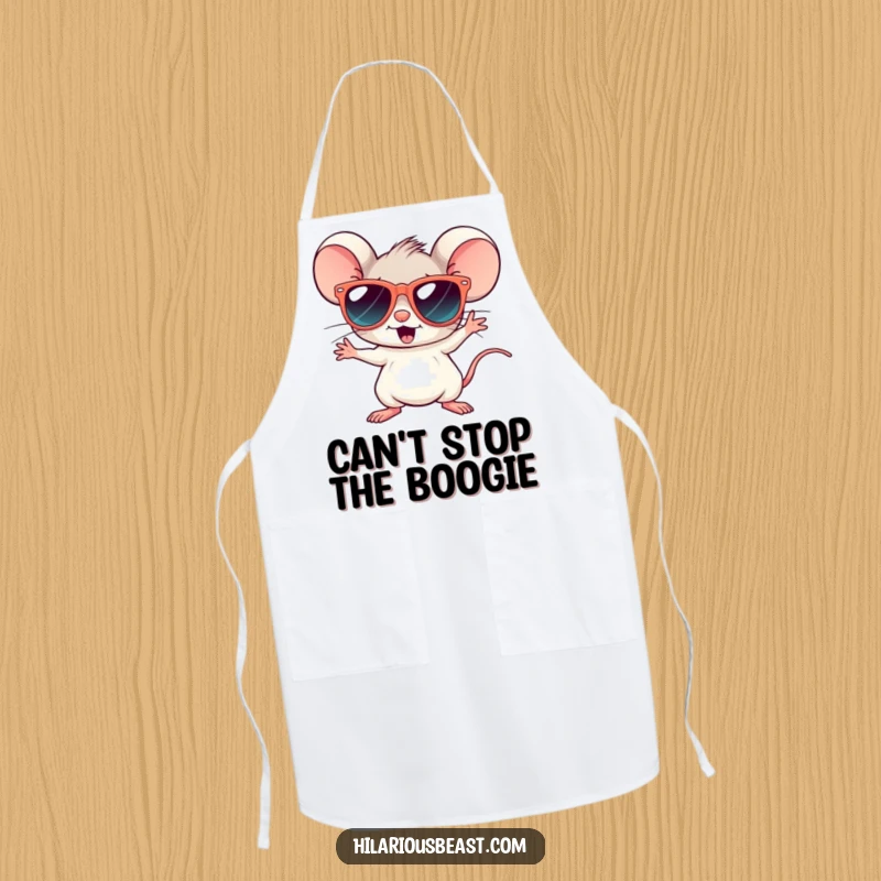 Funny apron depicting a tiny mouse in oversized sunglasses, striking a disco pose while ready to cook up a storm.