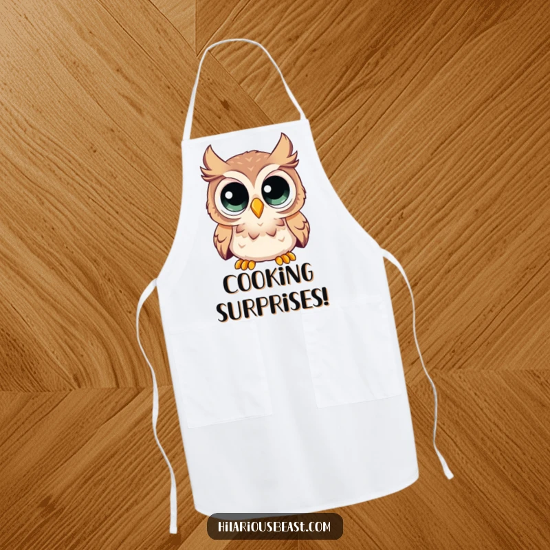 Funny apron with a curious owl having enormous eyes looking comically surprised, ideal for humorous kitchen activities.