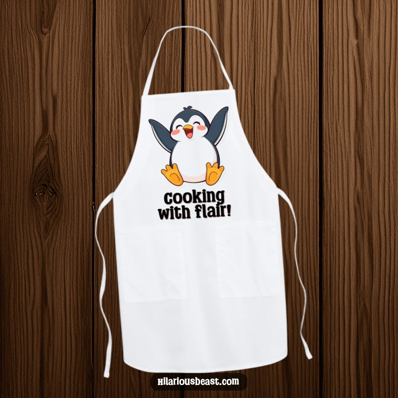 Funny apron featuring a happy penguin flapping its wings with exaggerated excitement, ideal for joyful cooking and baking.