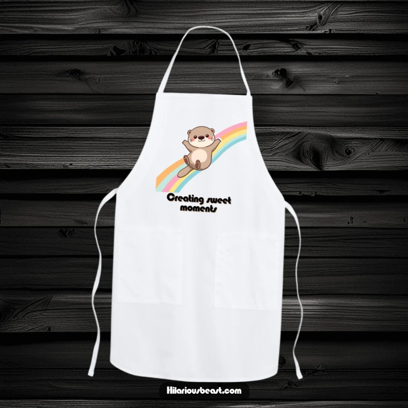 Funny otter apron showing a cute otter sliding down a rainbow with arms outstretched, ready for kitchen adventures with a magical touch.