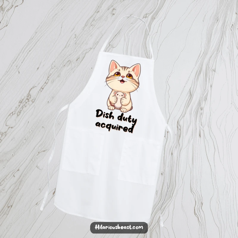 Funny cat holding a mouse toy on a kitchen apron, bringing mischievous humor for a unique funny gift.