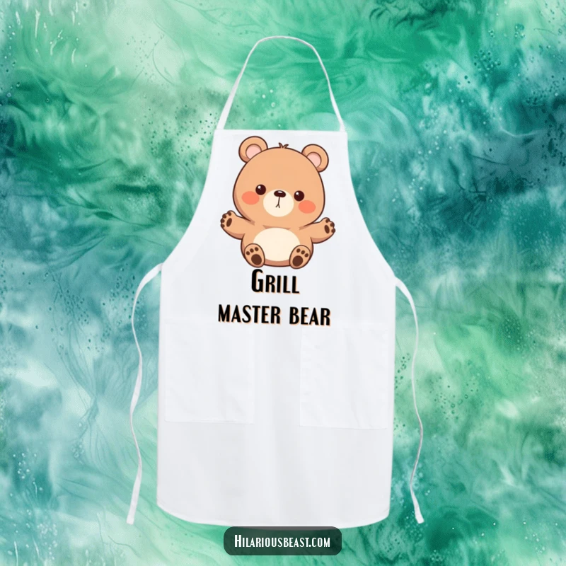 Funny round bear apron showing a character with tiny paws waving enthusiastically, keeping you clean with a friendly and warm humorous design.