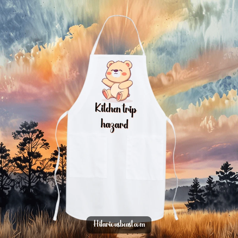 Funny Bear Cub Apron: Durable apron with a cute, clumsy bear cub tripping and giggling, great for cooks.