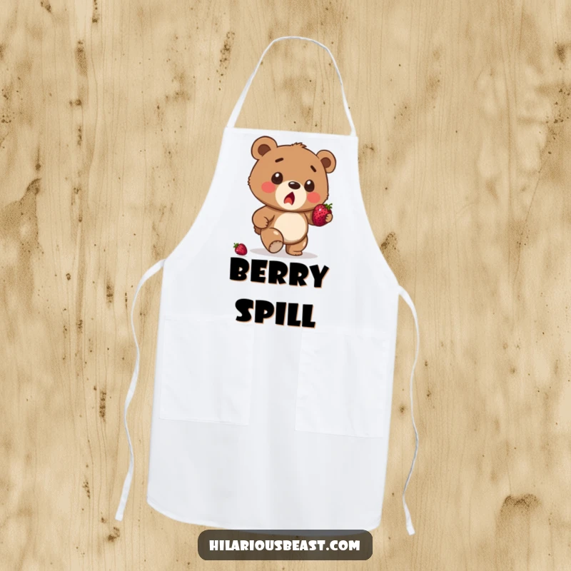 Funny brown bear cub apron, a surprised cub stumbling with a berry precariously balanced, ready for kitchen tasks.