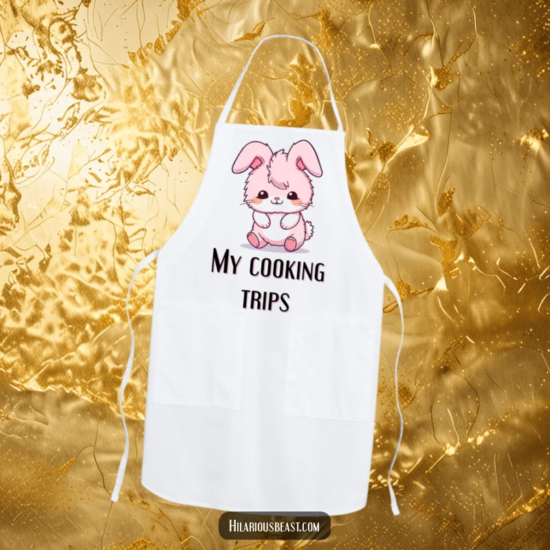 Funny apron showcasing a fluffy pink bunny comically tripping over its own ears, a perfect funny gift.
