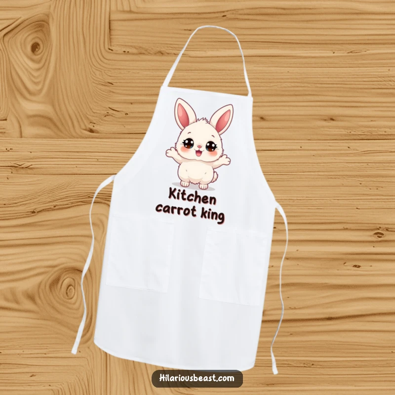 Funny fluffy bunny apron showing a character with big eyes bouncing joyfully, keeping you clean with an adorable and sweet humorous design.