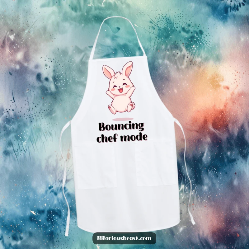 Funny Bunny Bouncing Apron - A humorous kitchen apron with a fluffy pink bunny joyfully bouncing, ears flopping playfully, perfect for cheerful cooking.