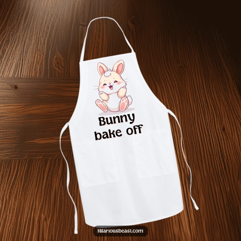 Funny fluffy bunny cub rolling with pure delight, paws up, kitchen apron, adding a touch of whimsical fun to cooking.