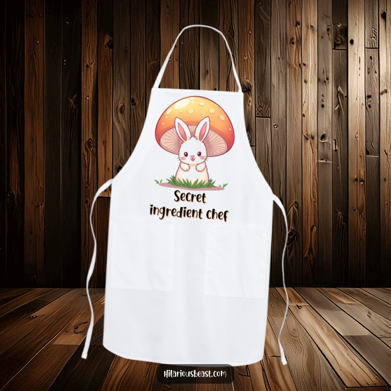 Funny apron showcasing a small bunny peeking out from behind a giant, brightly colored mushroom, adding charm to kitchen tasks.