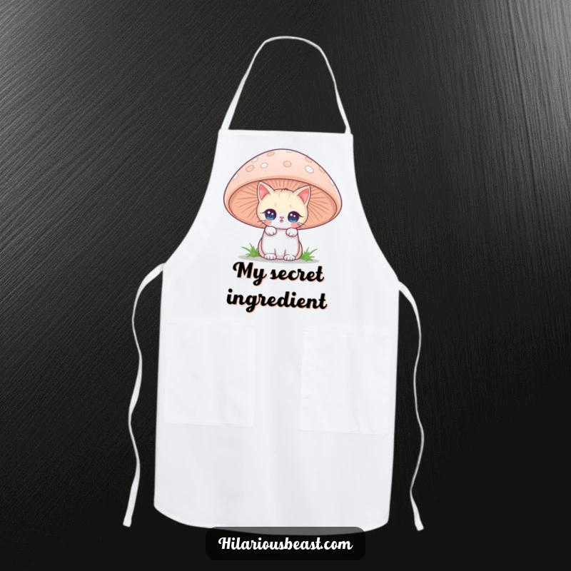 Funny cat peeking from a mushroom on a kitchen apron, bringing whimsical humor for a unique funny gift.