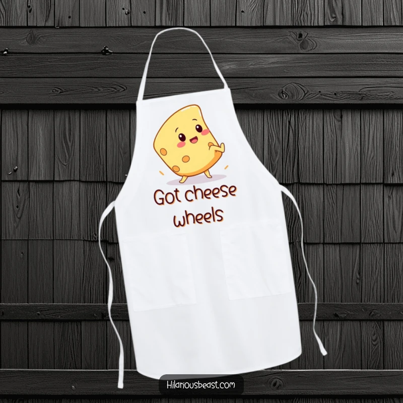 Funny apron showcasing a squeaky cheese wedge character doing a comical cartwheel while cooking, perfect for kitchen antics.