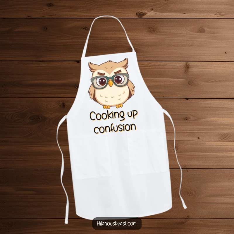 Funny owl wearing large glasses, tilting head in confusion, a humorous apron for chefs.