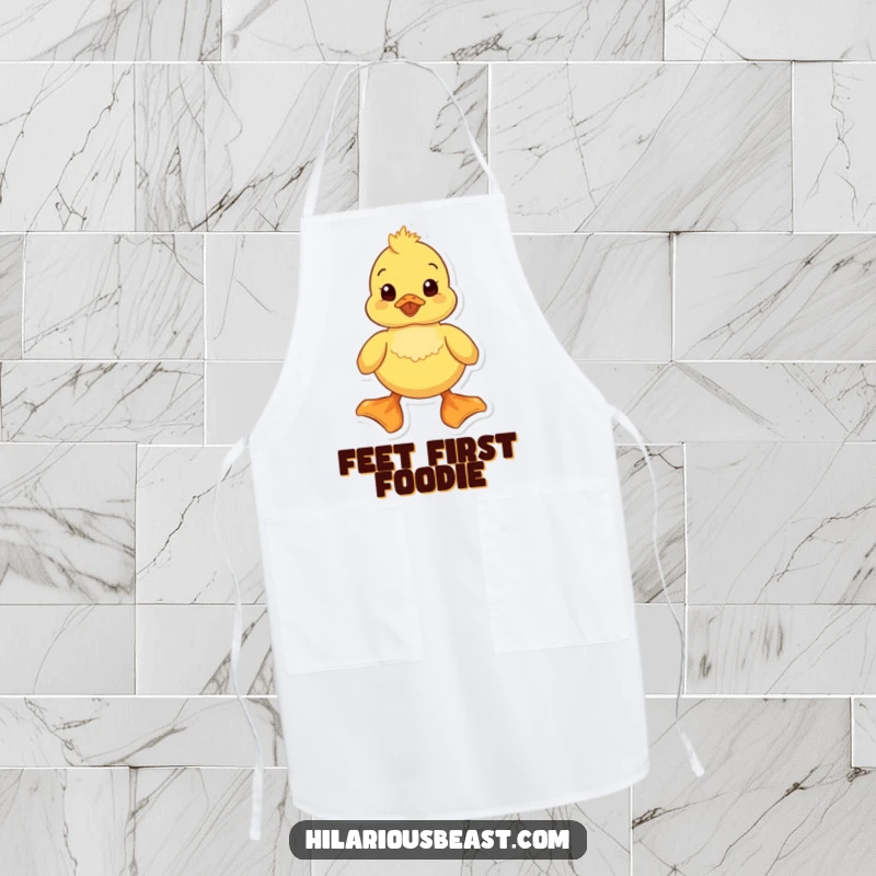 Funny duckling apron with a waddling duckling and its exaggeratedly large feet, ideal for cooking and adding humor to the kitchen. A great funny gift idea.