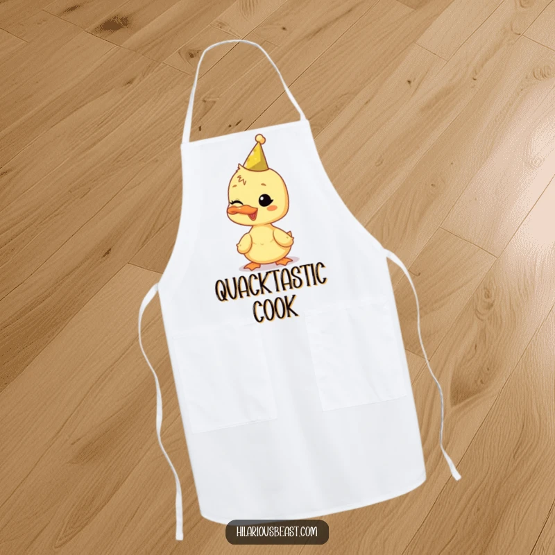 Funny duckling apron, wearing a tiny party hat and winking while cooking, bringing festive humor to the kitchen.