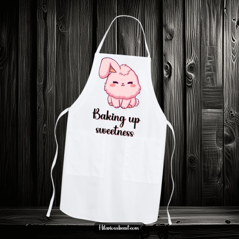 Funny fluffy pink bunny apron with one ear flopped adorably, adding a touch of sweetness and humor to your culinary adventures. A cute funny accessory.