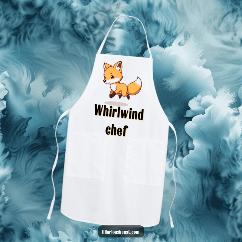 Funny Fox Cub Apron showing a playful fox cub spinning in circles chasing its tail, perfect for kitchen fun.