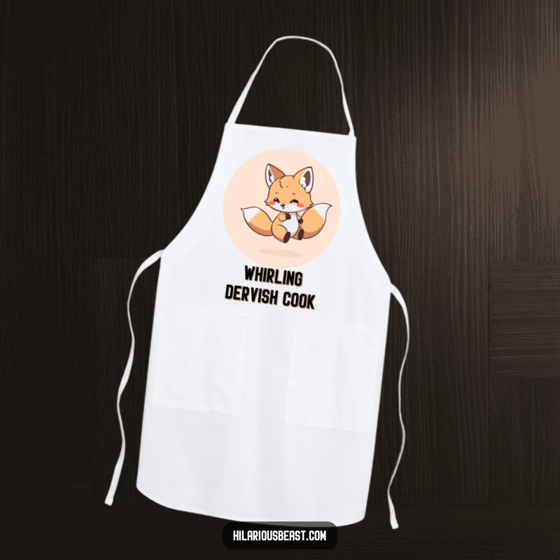 Funny kitchen apron with a small, round fox cub energetically chasing its tail in a circle, adding a humorous touch to cooking.
