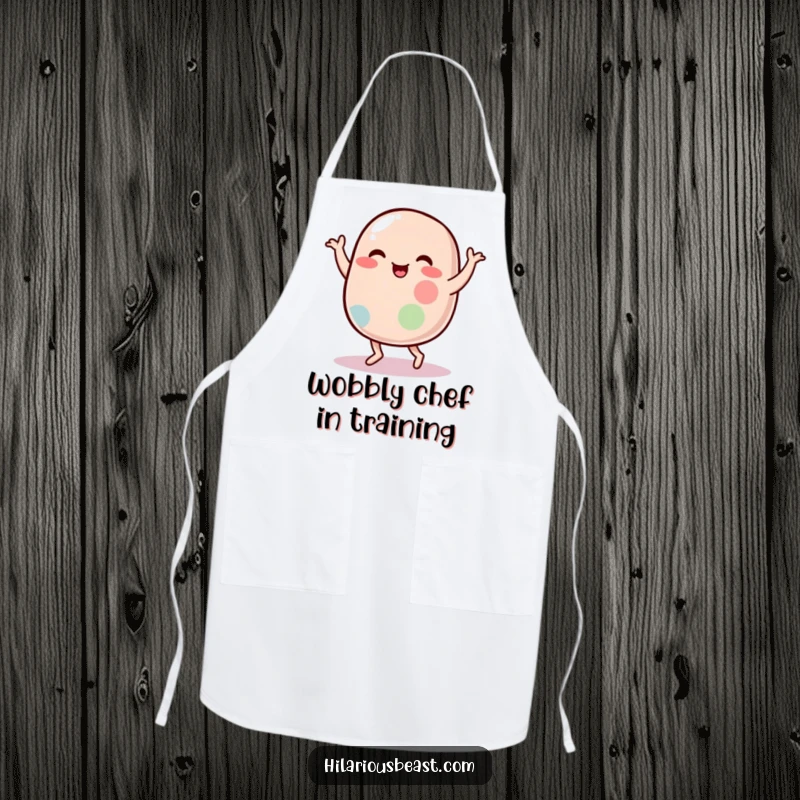 Funny apron showcasing a plump, wobbly jelly bean character doing a silly dance while cooking, perfect for kitchen fun.