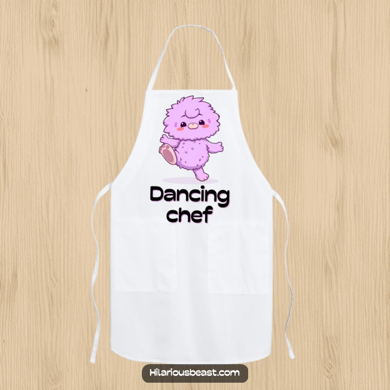 Funny apron showcasing a fluffy purple creature with oversized feet performing a silly dance, making cooking a more humorous experience.