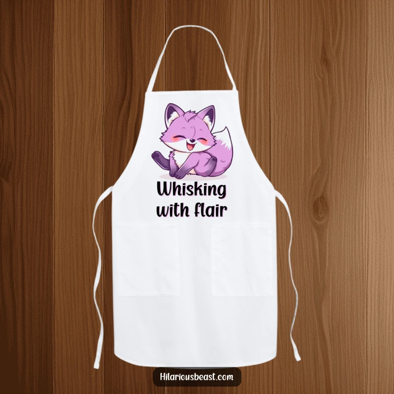 Funny purple fox cub tumbling head over heels with glee, featured on this humorous and playful kitchen apron.