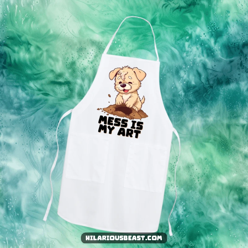 Funny scruffy puppy apron, a dog digging energetically with dirt flying, ideal for kitchen fun.