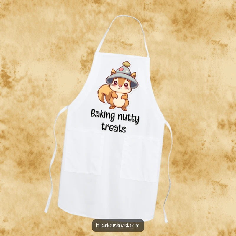 Funny small squirrel apron wearing a silly oversized hat, looking hilariously bewildered.