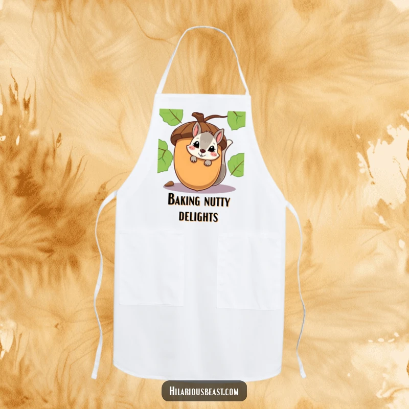 Funny kitchen apron showcasing a shy squirrel peeking with a smirk from behind a giant acorn.