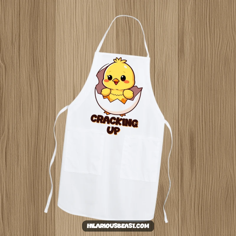 Funny yellow chick hatching from an egg, with a surprised and happy expression, adorning this humorous kitchen apron.