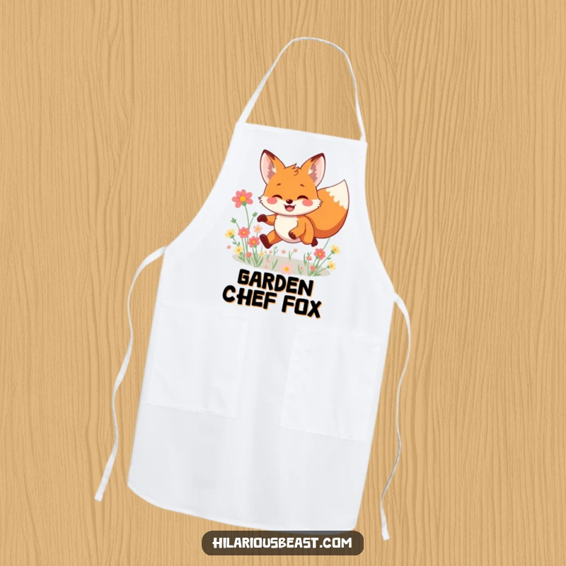 Funny smiling fox apron showing a character leaping joyfully through a field of flowers, keeping you clean with a playful and charming humorous design.