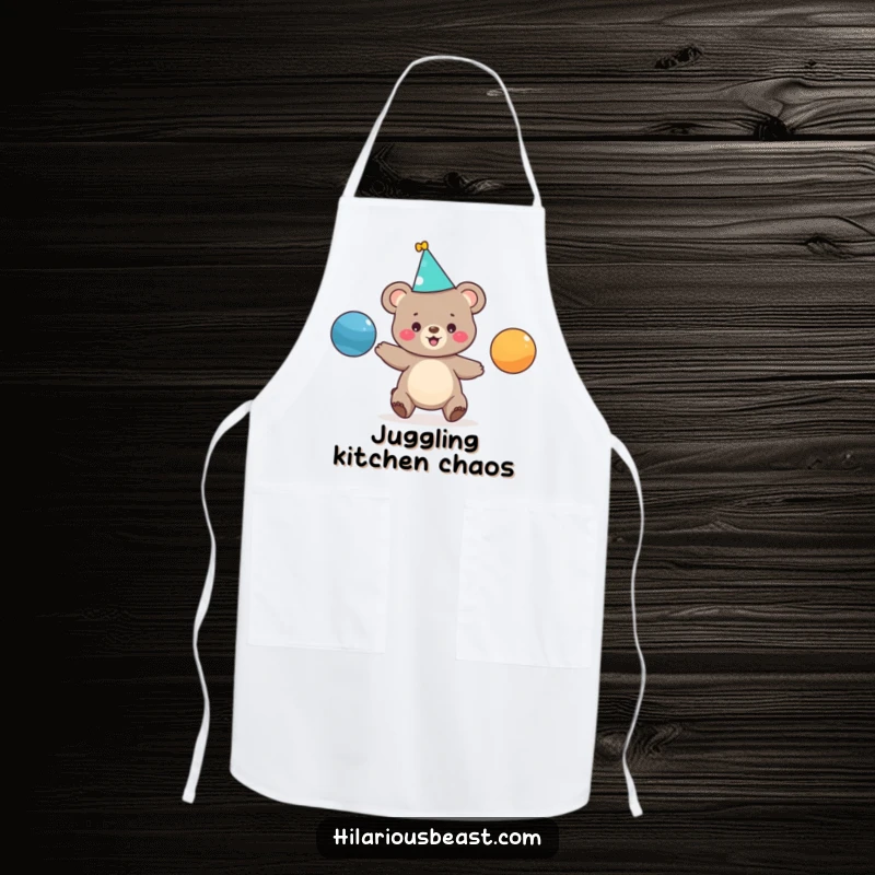 Funny kitchen apron with a charming bear cub in a party hat, energetically juggling colorful balls, adding humor to culinary tasks.