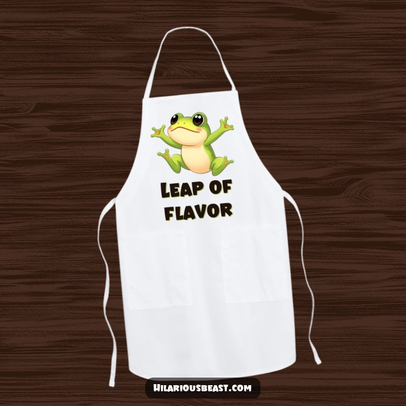 Funny frog apron with a green frog leaping high with a comically surprised expression, ideal for cooking and adding humor to the kitchen. A great funny gift idea.