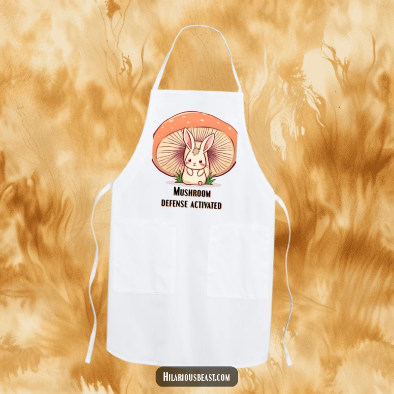 Funny apron with a startled rabbit peeking from behind a wobbly mushroom, ideal for humorous cooking and kitchen activities.