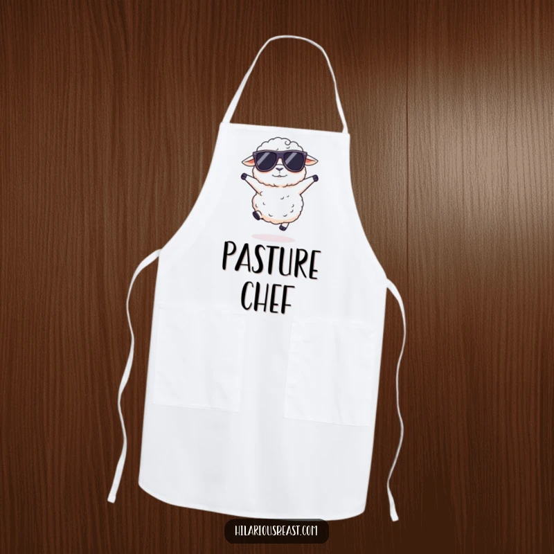 Funny fluffy sheep apron wearing oversized sunglasses, doing a silly hop, ready to add some fun and flair to your cooking.