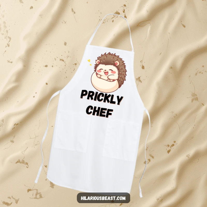Funny happy hedgehog apron with a hedgehog rolling into a ball and giggling uncontrollably, a humorous and practical kitchen essential