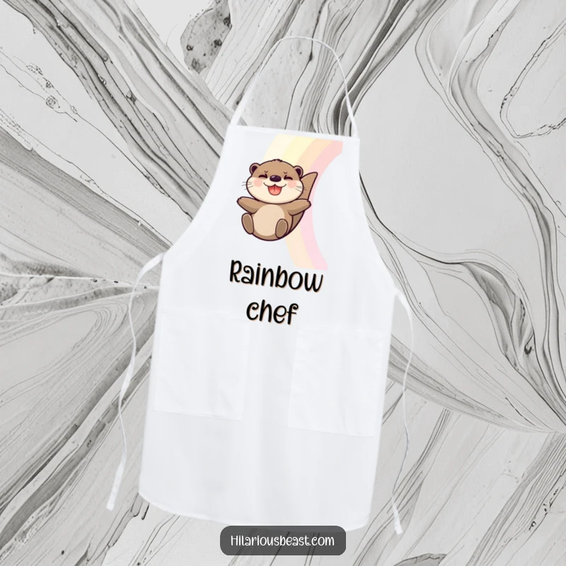 Funny Otter Apron: Durable apron with a grinning otter sliding down a rainbow, great for cooks.