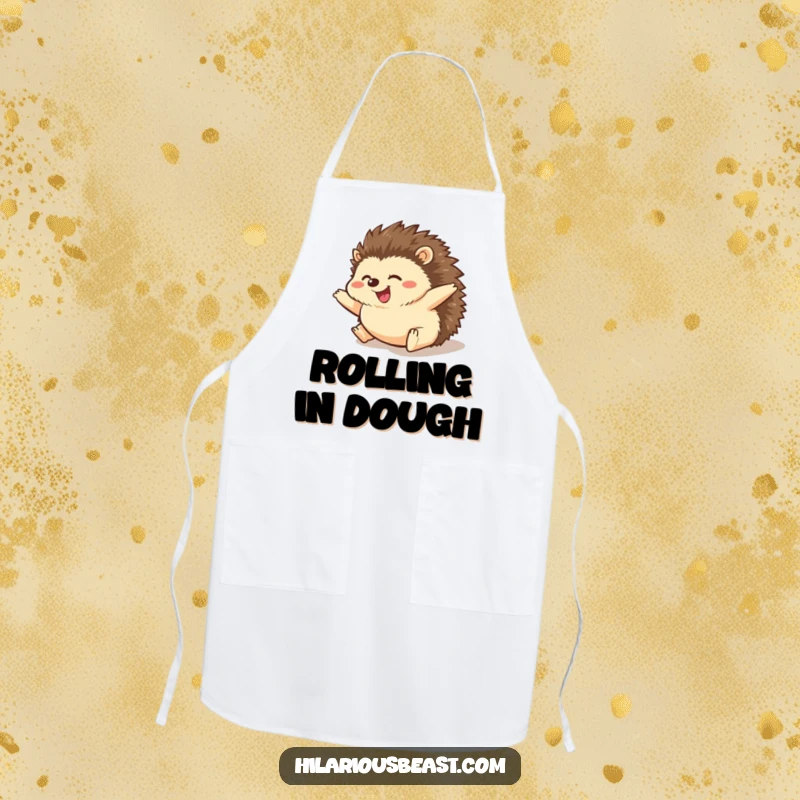 Funny hedgehog apron featuring a chubby hedgehog in a comical roll downhill, paws up in amusement, ready for kitchen duty.