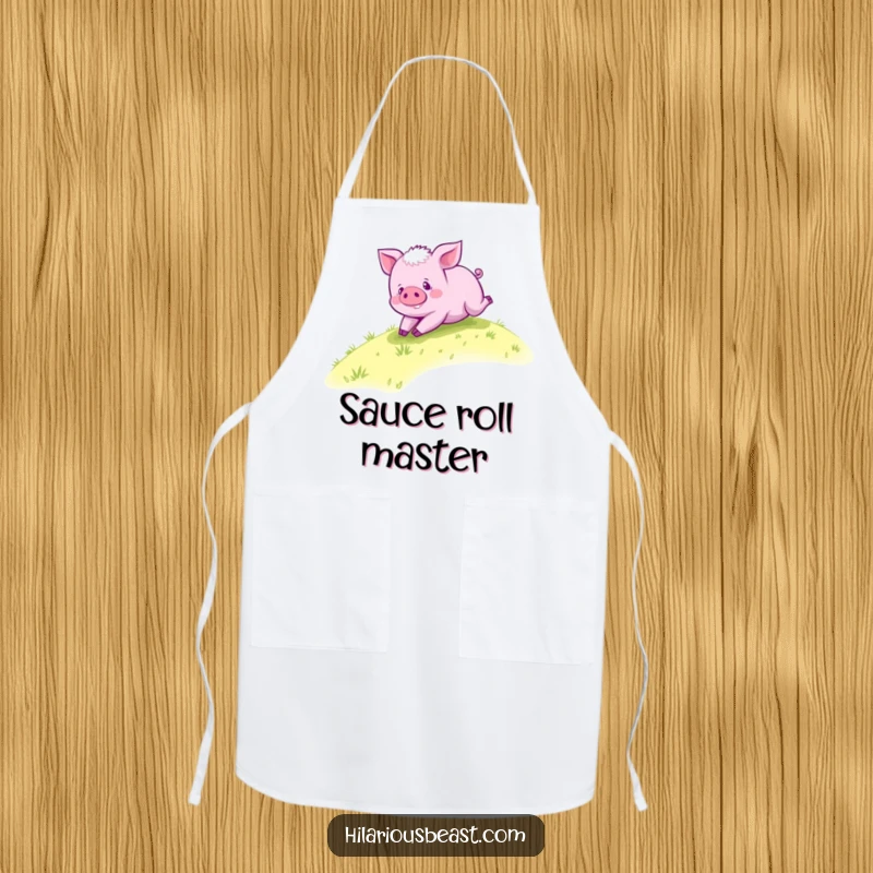 Funny purple piglet apron, a happy piglet rolling down a grassy hill, ideal for cooking and baking with a joyful attitude.