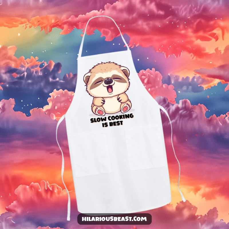 Funny sleepy sloth cub yawning, tiny yawn, kitchen apron, cooking humor gift.
