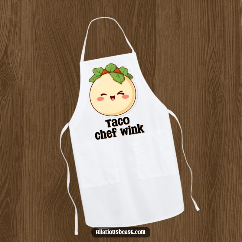 Funny apron showcasing a happy, round taco character winking mischievously while cooking, perfect for kitchen antics.