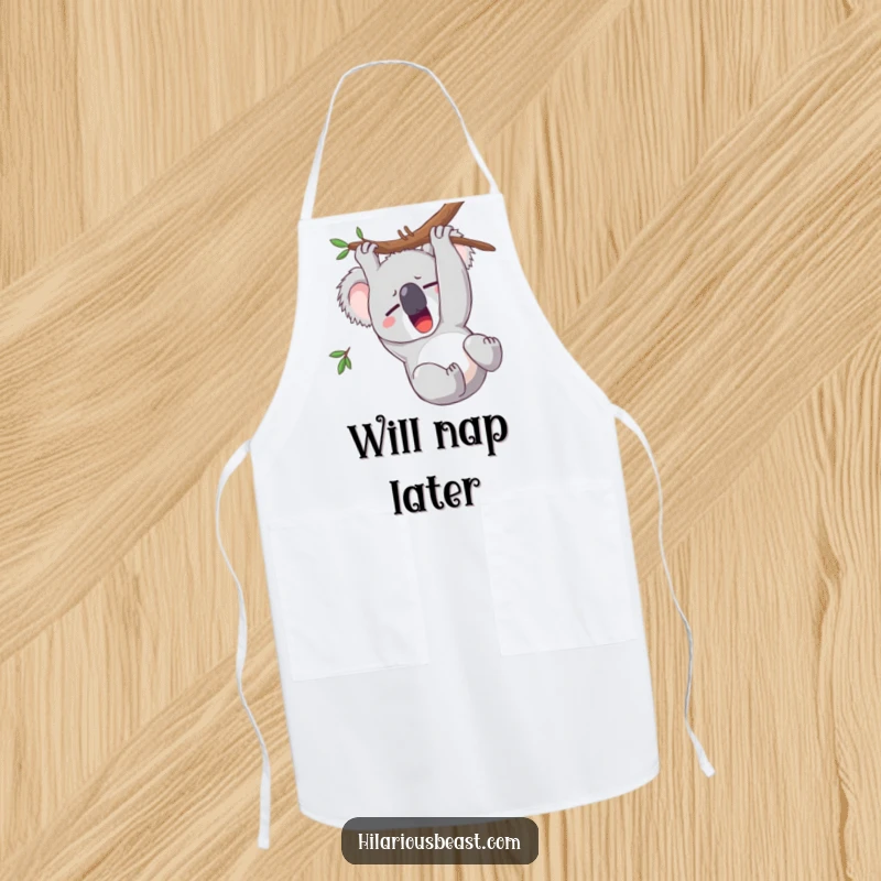 Funny koala apron featuring a sleepy character yawning upside down, perfect for kitchen fun.
