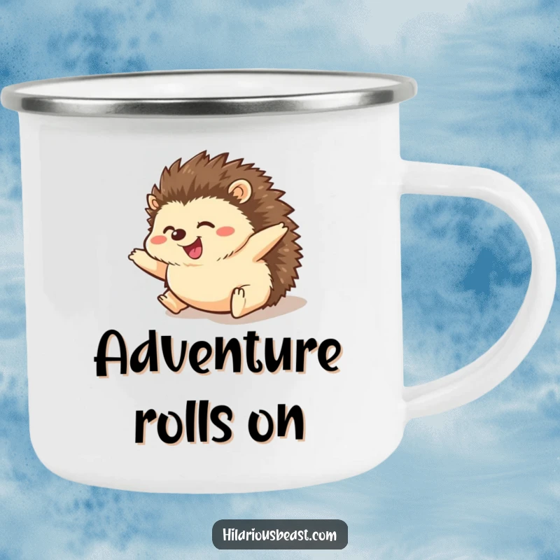 Funny hedgehog camping mug showing a chubby hedgehog rolling downhill with paws flailing in amusement, ready for campfire coffee.