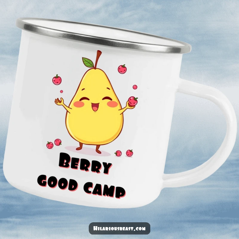 Funny camping mug with a giggling, slightly lopsided pear character juggling tiny berries, ready for outdoor fun and fruity jokes.
