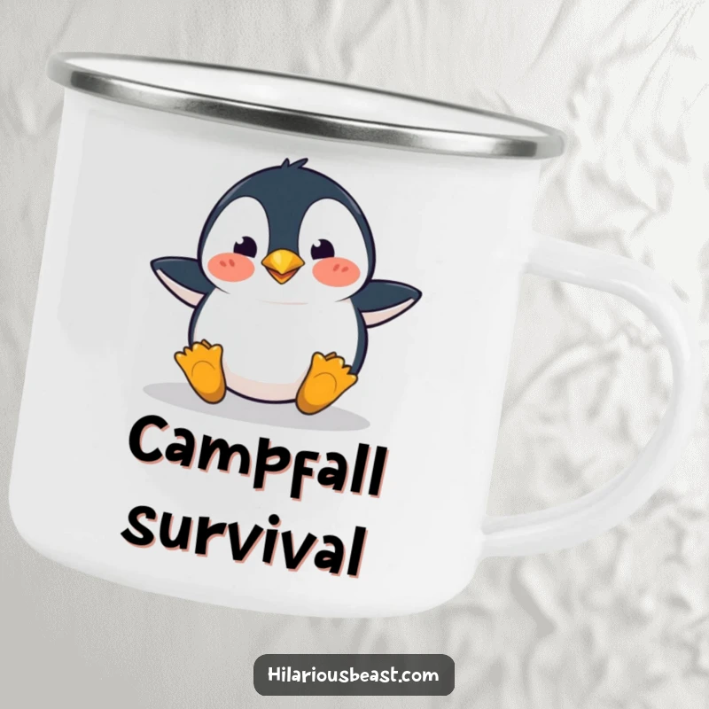 Funny penguin camping mug showing a clumsy penguin tripping with a surprised face, ideal for outdoor adventures and humor.