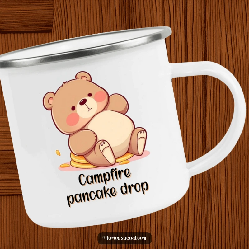 Funny bear camping mug, a chubby bear tripping playfully with pancakes askew, ideal for outdoor brews and breakfast inspiration.