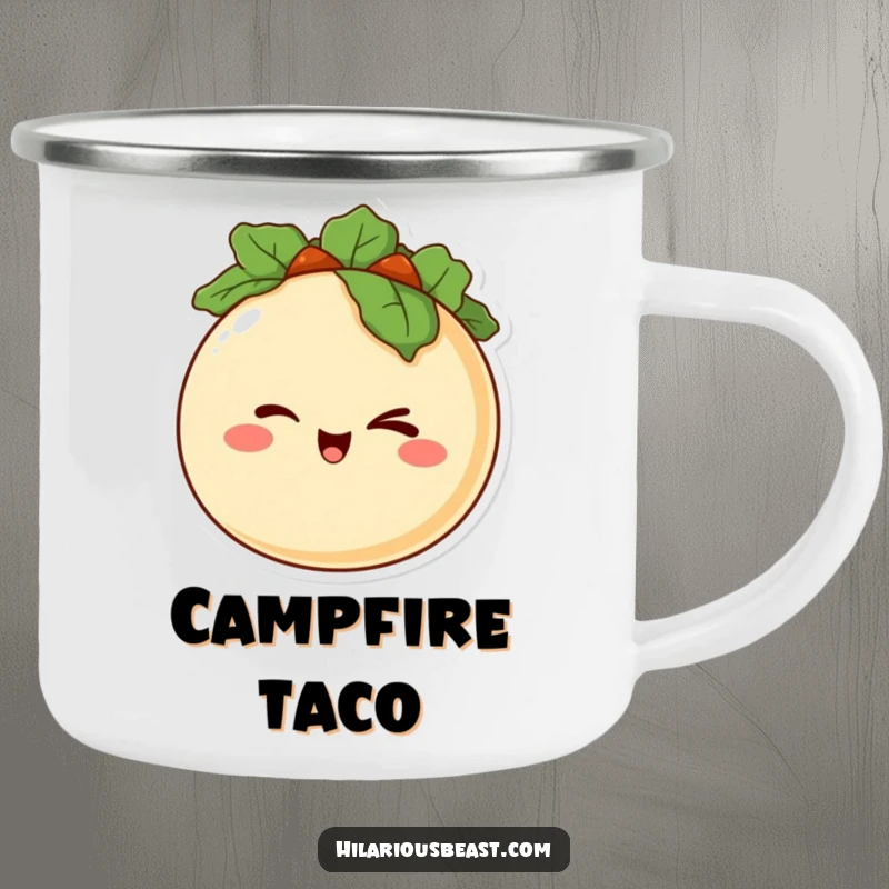 Funny camping mug with a happy, round taco character winking mischievously, ready for outdoor fun and tasty jokes.